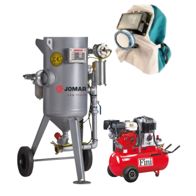 EQUIPO COMPLETO CHORRO DE ARENA 20 L. BAJA PRESIÓN CON MÁSCARA RC4 Y COMPRESOR
